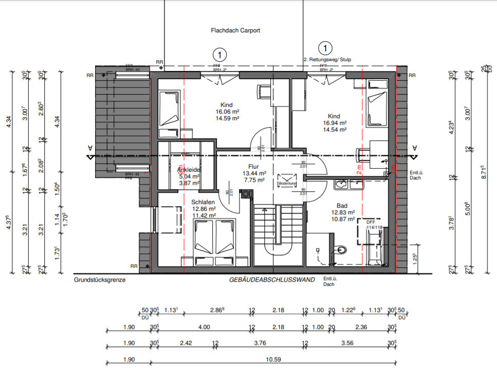 Dachgeschoss-Grundriss mit Carport: zwei Kinderzimmer, Schlafzimmer, Ankleide, Flur, Bad.
