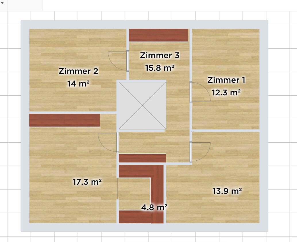 Grundriss mit drei Zimmern (12,3;14;15,8 m²) und weiteren Räumen 17,3 m², 13,9 m², 4,8 m².