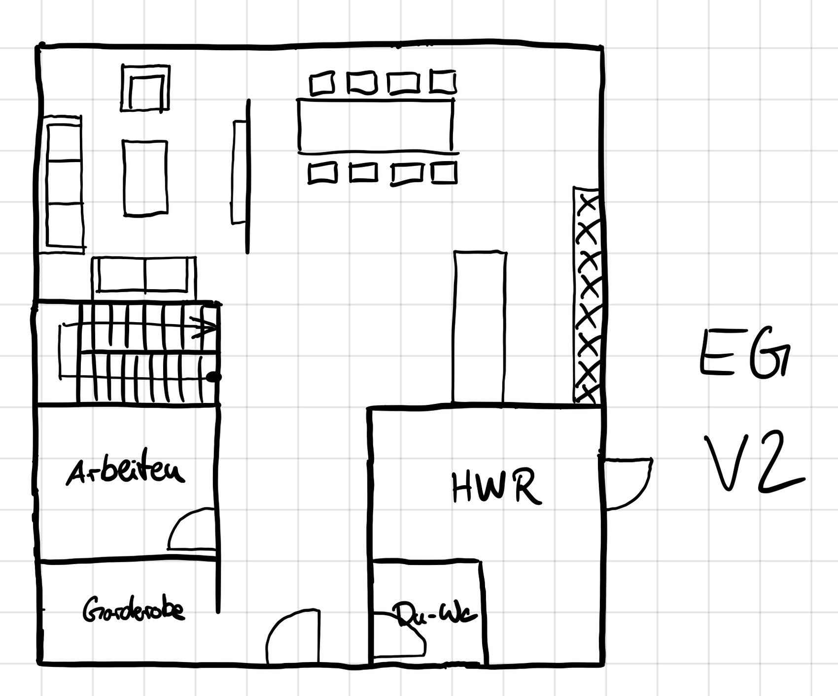 Grundriss Erdgeschoss: Arbeitsbereich, Garderobe, Treppenhaus, HWR, Du-WC und Esstischbereich.