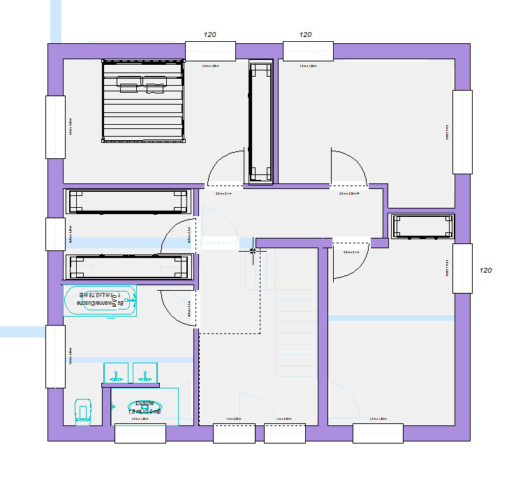 Grundriss eines Hauses mit mehreren Zimmern, Treppen, Türen, Küche und Bad.