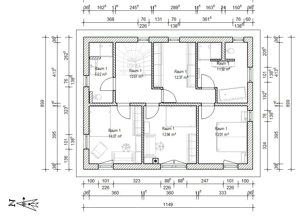 2D-Grundriss eines Hauses mit mehreren Räumen, Türen und Maßlinien