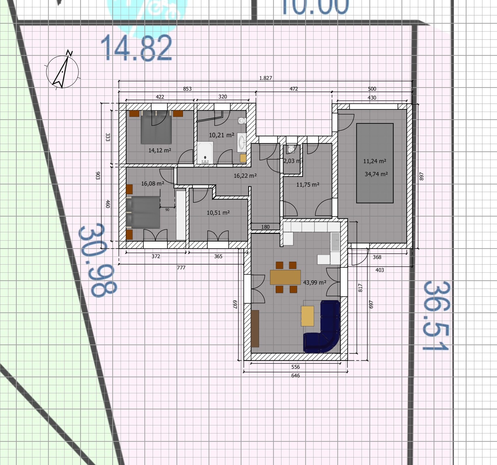 Grundriss eines Hauses: Wohnzimmer mit Esstisch, Küche, Bad, Schlafzimmer; Maße in m².