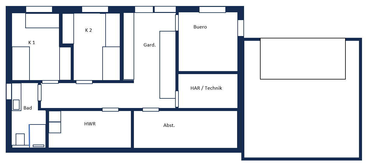2D-Grundriss eines Hauses mit Buero, Bad, HWR, Abstellraum und Technikraum