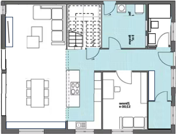 Grundrissplan eines Hauses mit Wohnbereich, Küche, Essbereich, Schlafzimmer, Bad und Flur