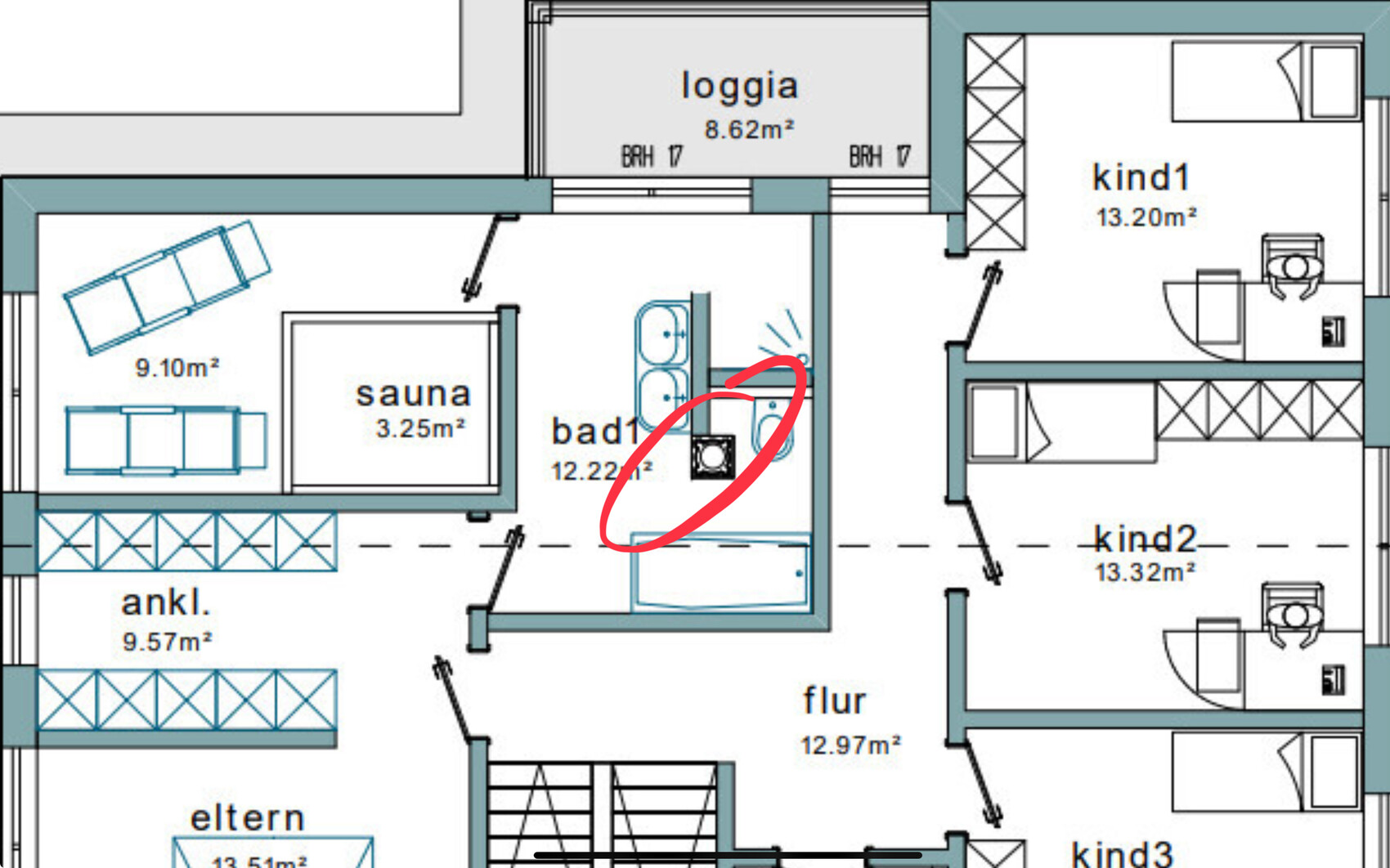 2D-Grundriss eines Hauses mit Sauna, Bad, Loggia und Kinderzimmern