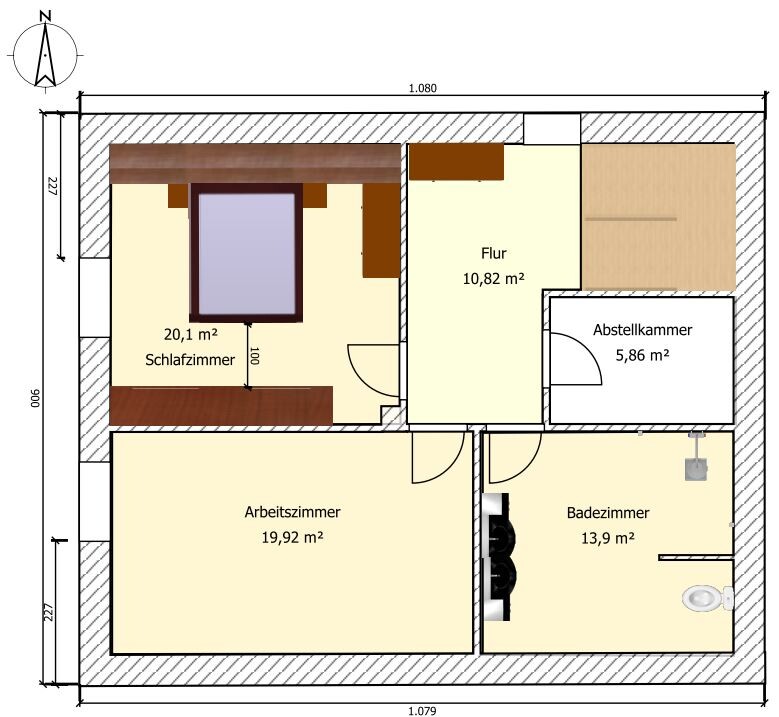 2D-Grundriss eines Hauses mit Schlafzimmer, Arbeitszimmer, Flur, Badezimmer und Abstellkammer