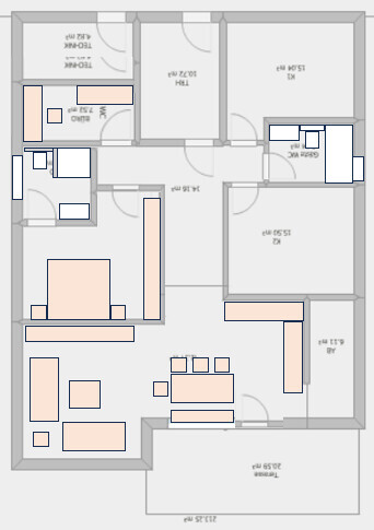 Grundriss eines Hauses mit Wohnbereich, Küche, Esszimmer, Schlafzimmer und Bad