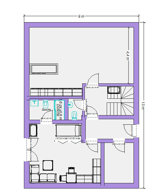 Grundriss einer Wohnung mit lilafarbenen Wänden, Türen, Treppen und Möbeln.