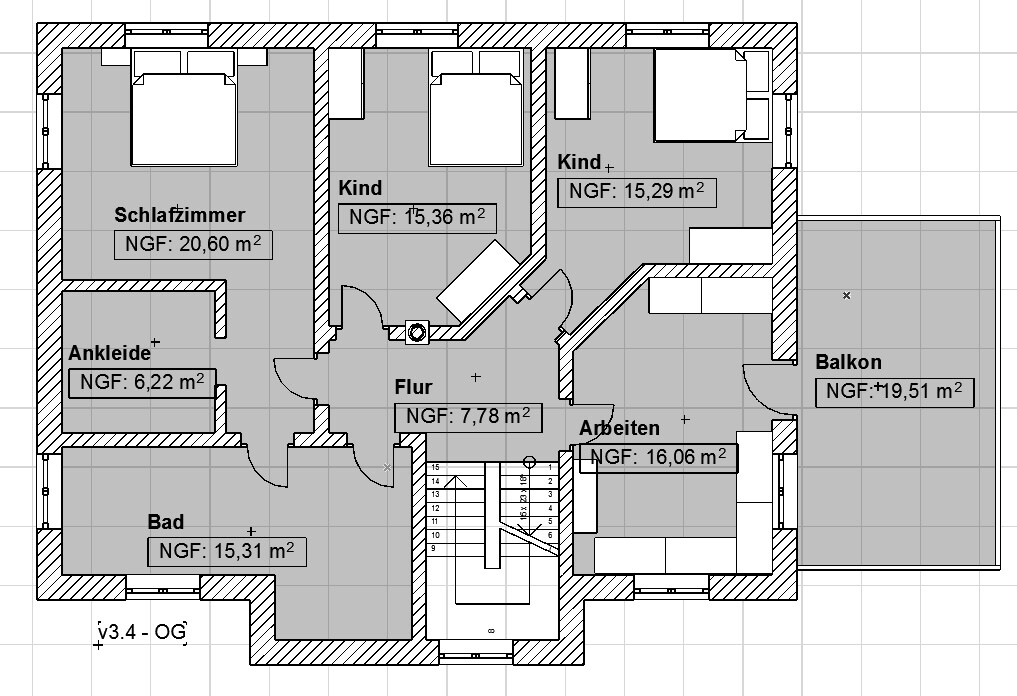Grundriss eines Hauses mit Schlafzimmer, Kindzimmer, Flur, Bad und Balkon.