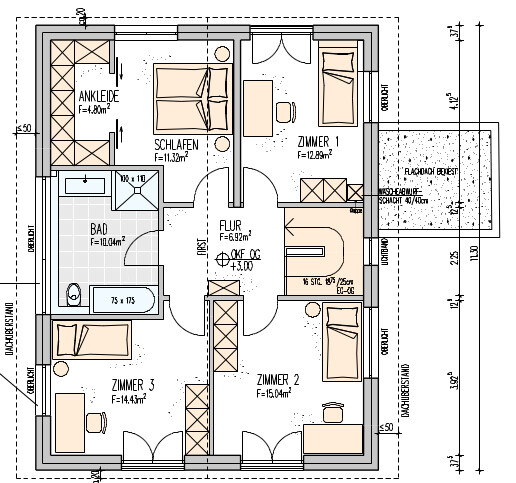 Grundriss einer 4-Zimmer-Wohnung mit Schlafen, Zimmer 1-3, Ankleide, Flur, Bad.