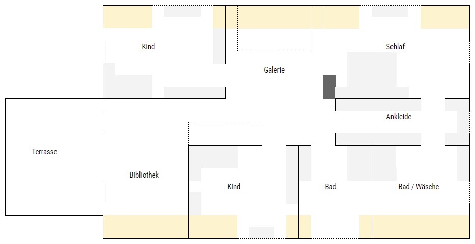 Grundriss eines Hauses: Terrasse, Bibliothek, Kind, Galerie, Schlafzimmer, Ankleide, Bad, Bad/Wäsche.
