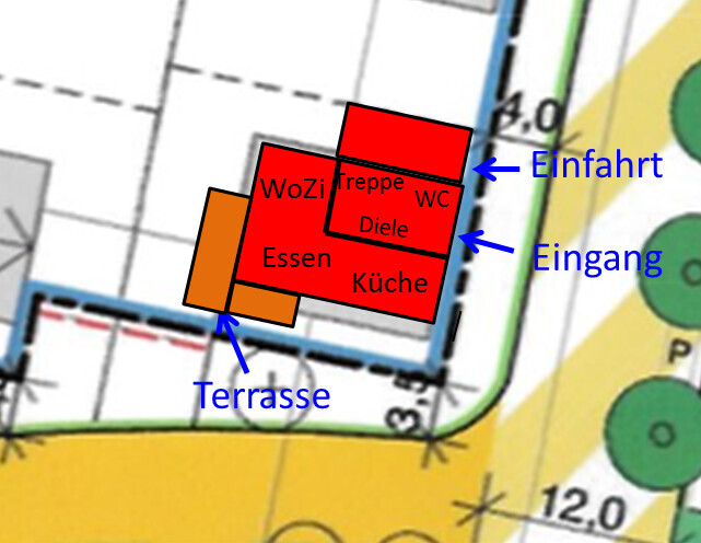 Grundriss eines Hauses: rote Räume (Wohnzimmer, Essen, Küche, Diele), Terrasse links.