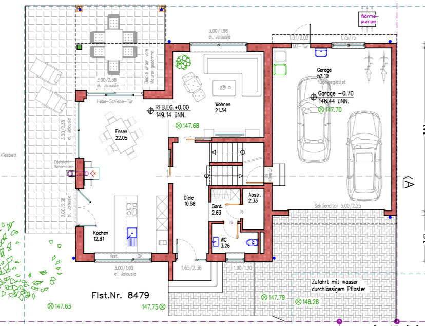 2D-Hausgrundriss mit Wohnzimmer, Küche, Essbereich, Terrasse und Garage