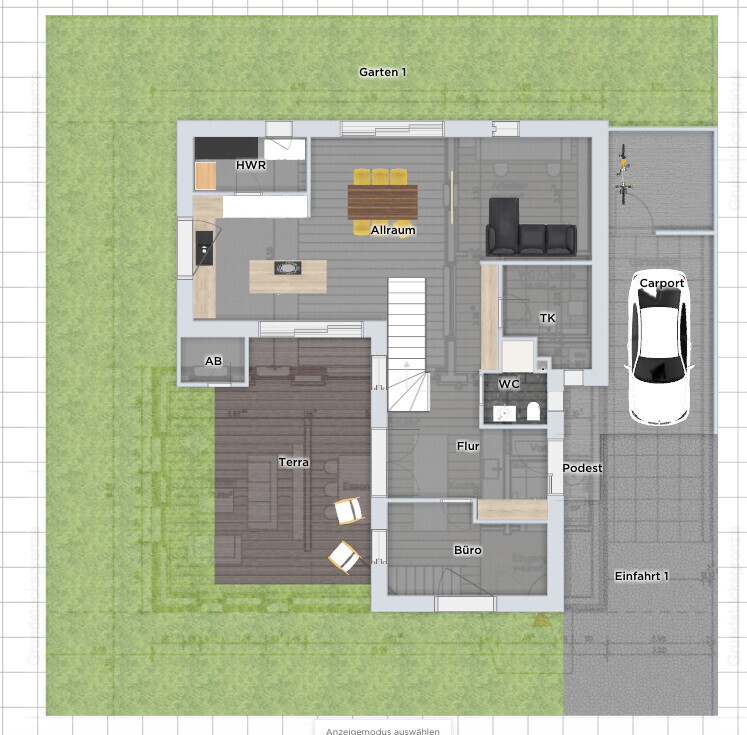 Grundriss eines Hauses mit Garten, Terrasse, Allraum, Büro, Flur, WC, HWR, TK, Carport