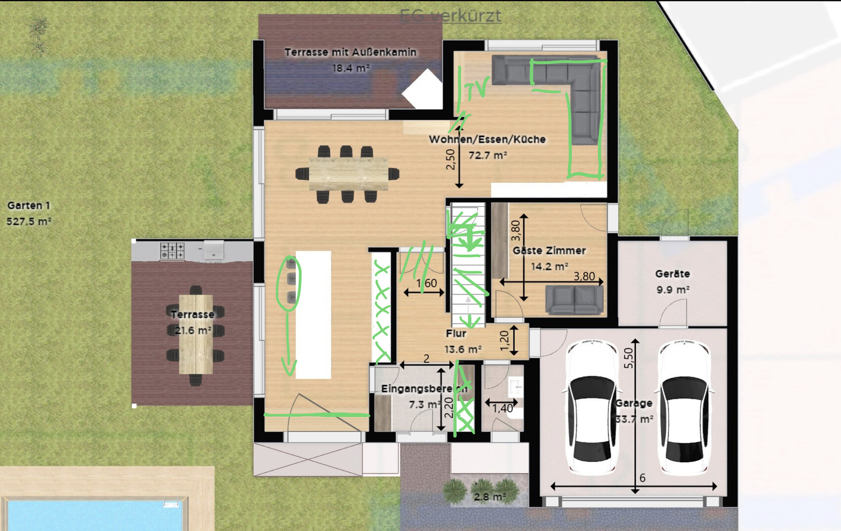 Grundriss von oben: Wohn-/Essbereich mit Küche, Terrasse, Garten, Gästezimmer, Garage.