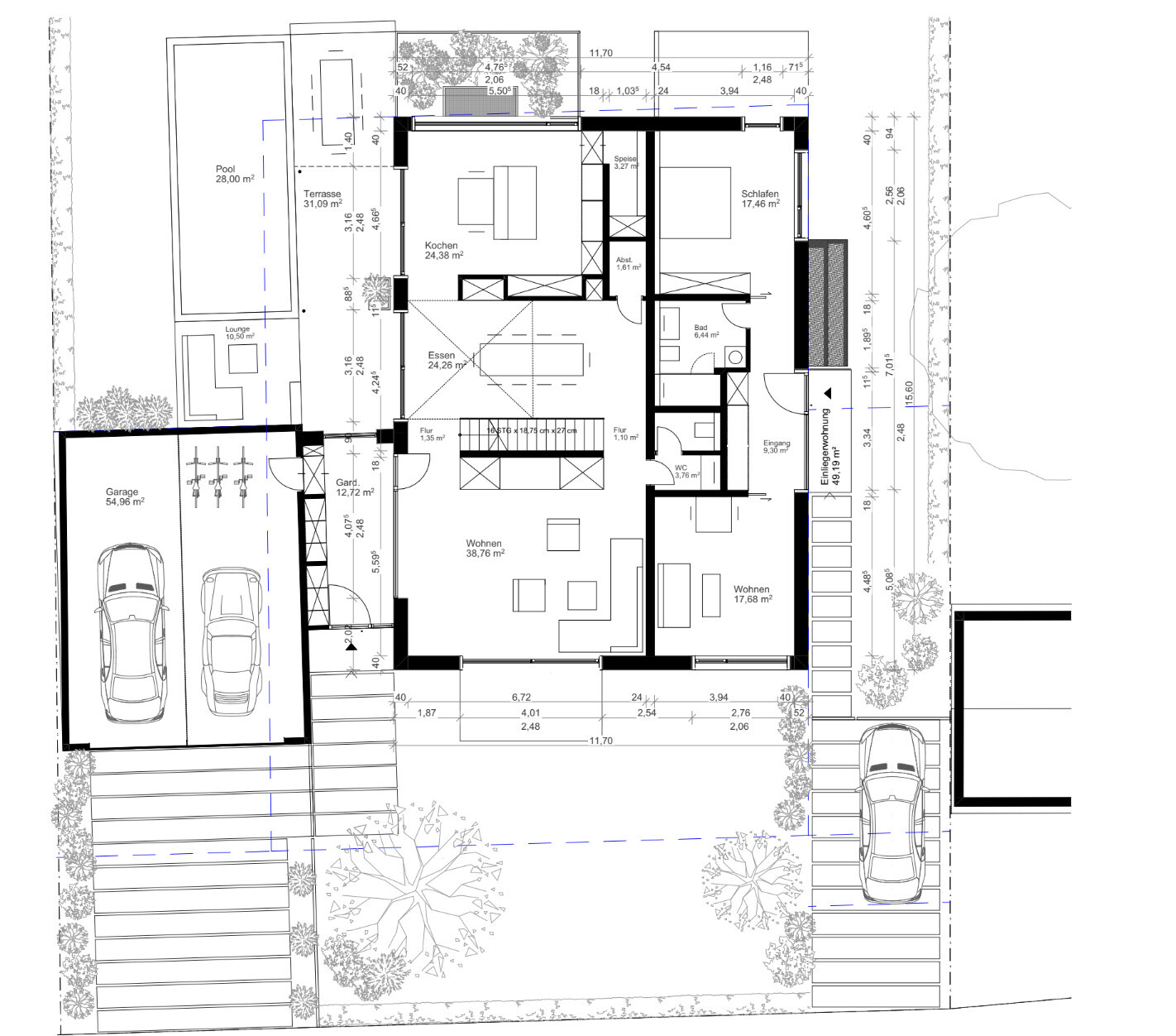 Grundriss eines Hauses: Garage, Pool, Terrasse, Küche, Essen, Wohnen, Schlafzimmer, Bad, Eingang.
