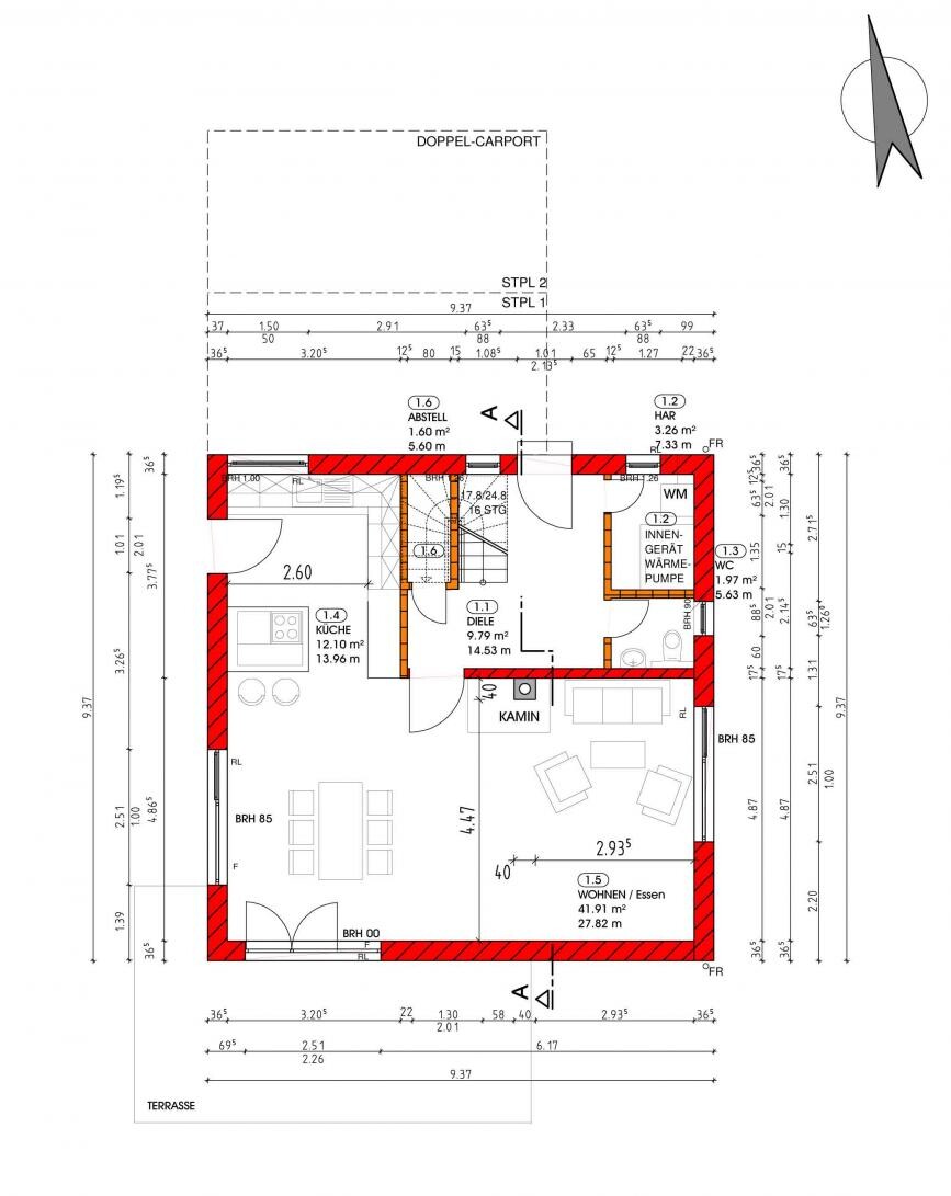 Grundriss eines Hauses: Küche, Wohn-/Essbereich, Diele, Kamin, Terrasse, Doppel-Carport.