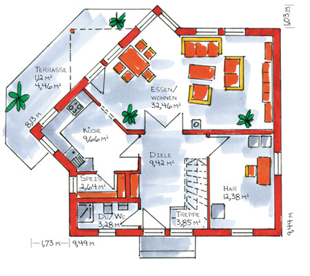 Detaillierter Grundriss eines Hauses mit Küche, Essbereich, Wohnzimmer, Terrasse und Treppe.