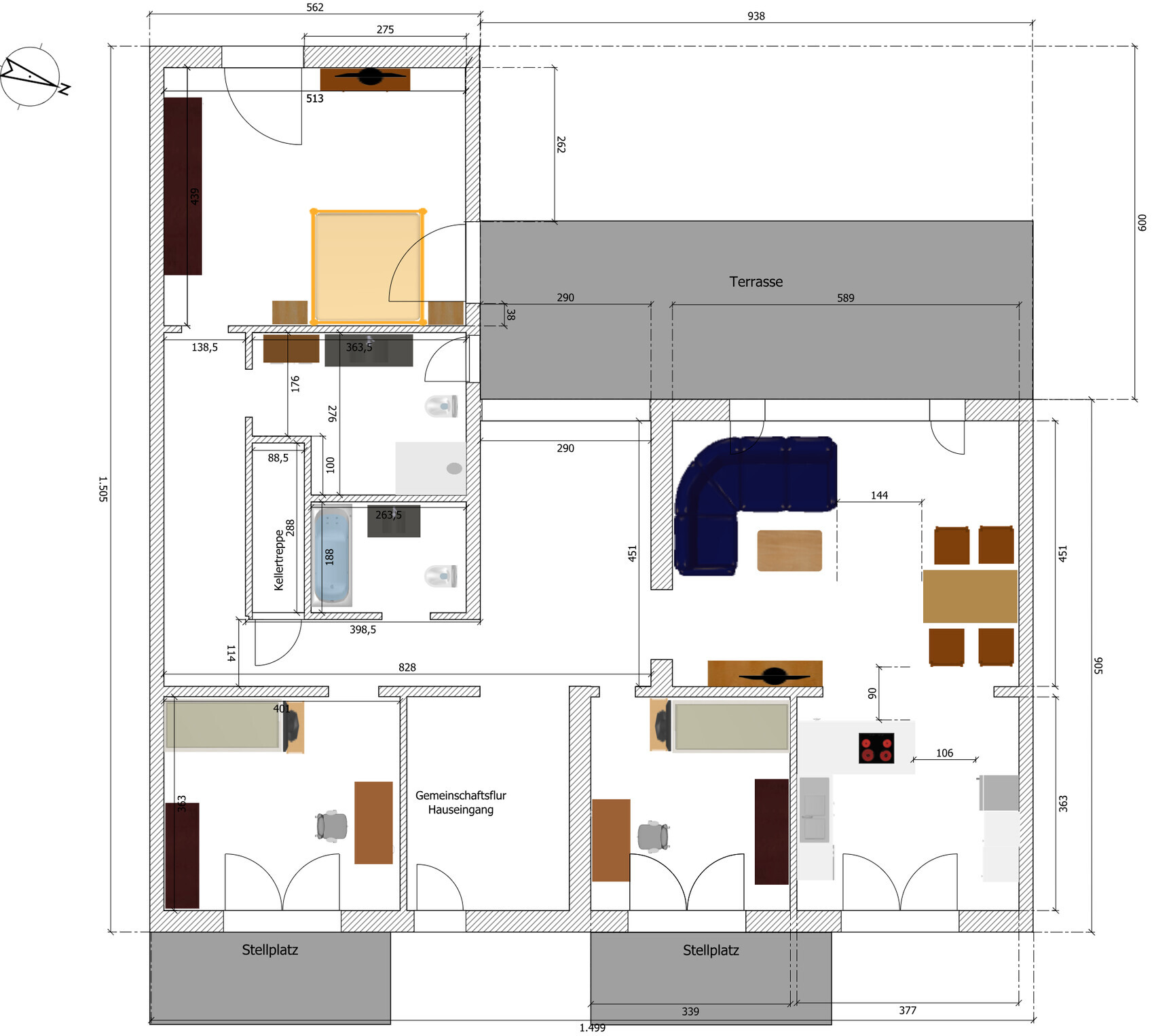 Grundriss einer Wohnung mit Terrasse, Wohnzimmer, Küche, Schlafzimmer und Stellplätzen.