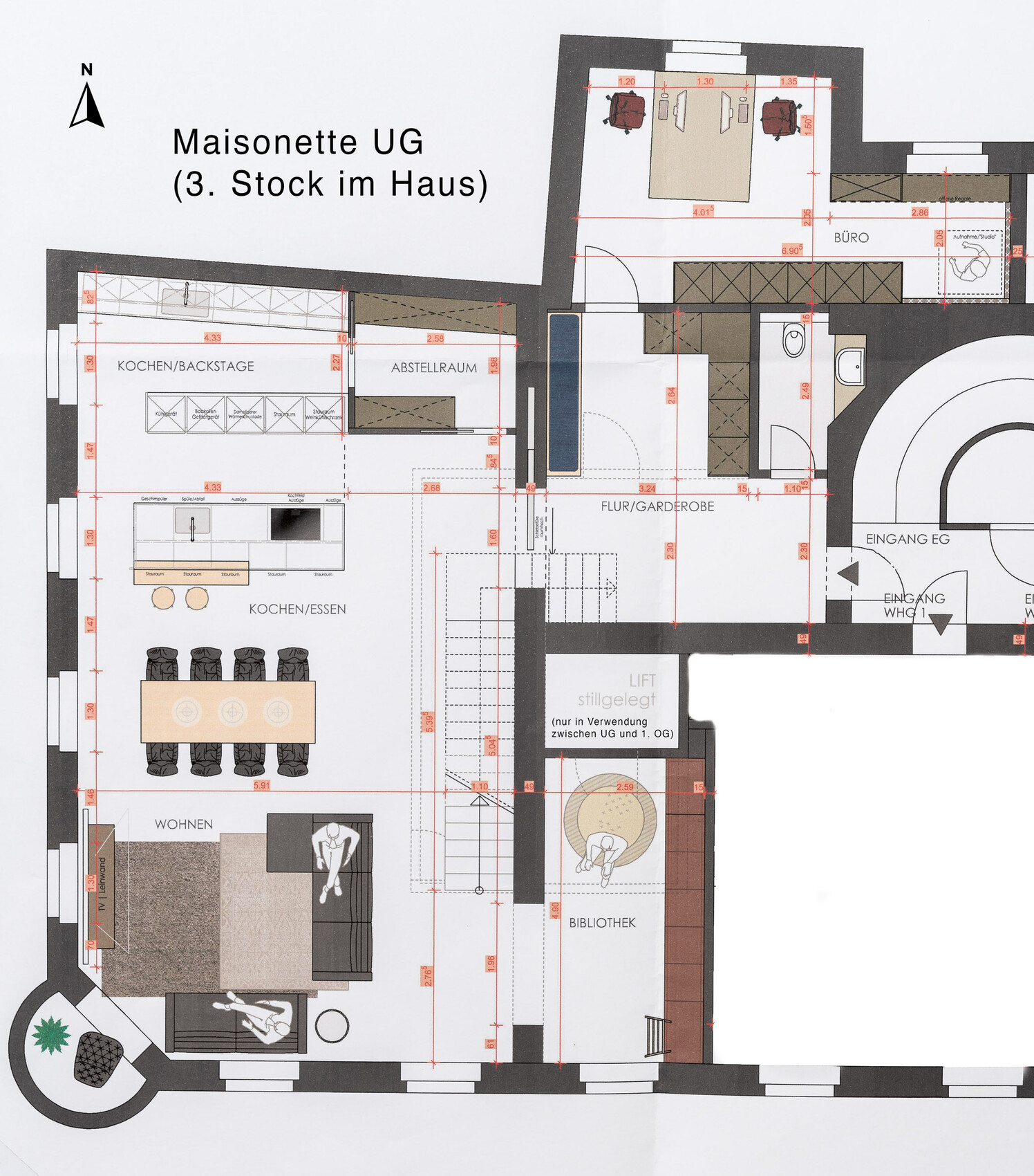 Grundriss der Maisonnette UG, 3. Stock: Küche/Essen, Wohnen, Bibliothek, Büro, Lift, Eingänge.