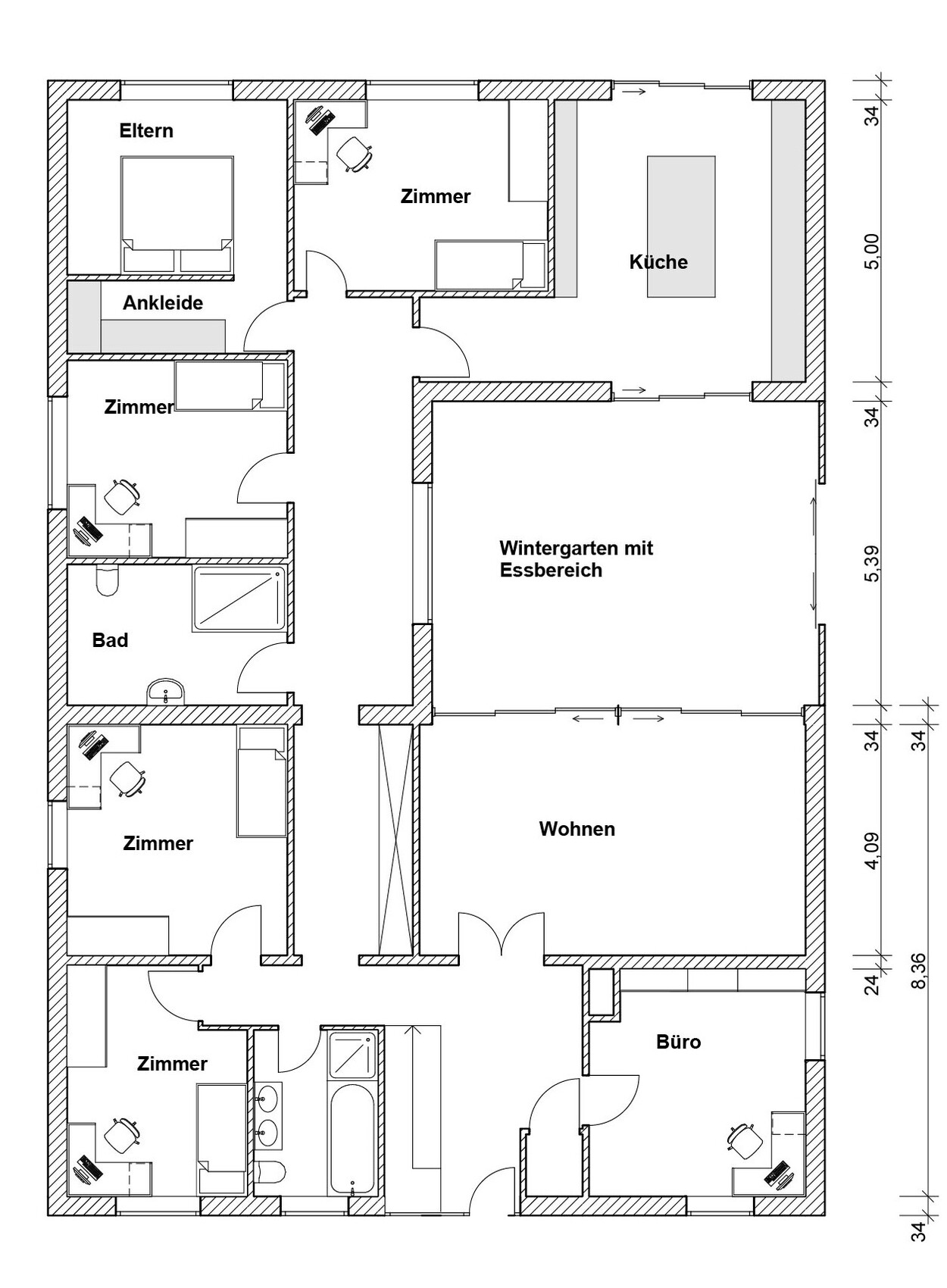 Grundriss eines Hauses mit Zimmern, Küche, Wintergarten, Wohnbereich, Büro und Bad.