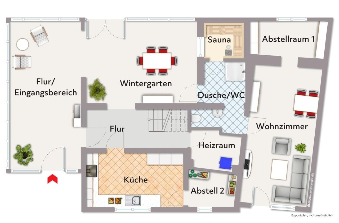 Grundriss eines Hauses mit Flur, Wintergarten, Küche, Wohnzimmer und Sauna