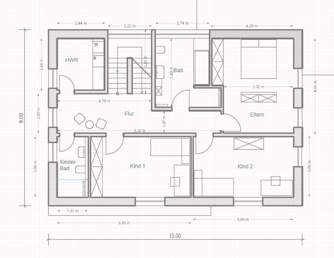 Grundriss eines Hauses: Flur, Elternzimmer, Kind 1, Kind 2, Kinderbad, Bad, HWR und Treppe.