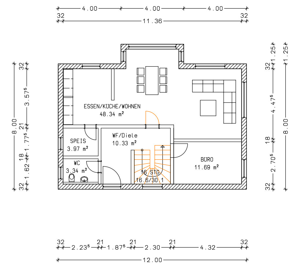 Grundriss eines Hauses mit Essbereich, Küche, Wohnzimmer, Diele und Gebäudestruktur