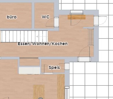 Grundrissplan eines Wohnbereichs mit Essecke, Kochen, Buero und WC