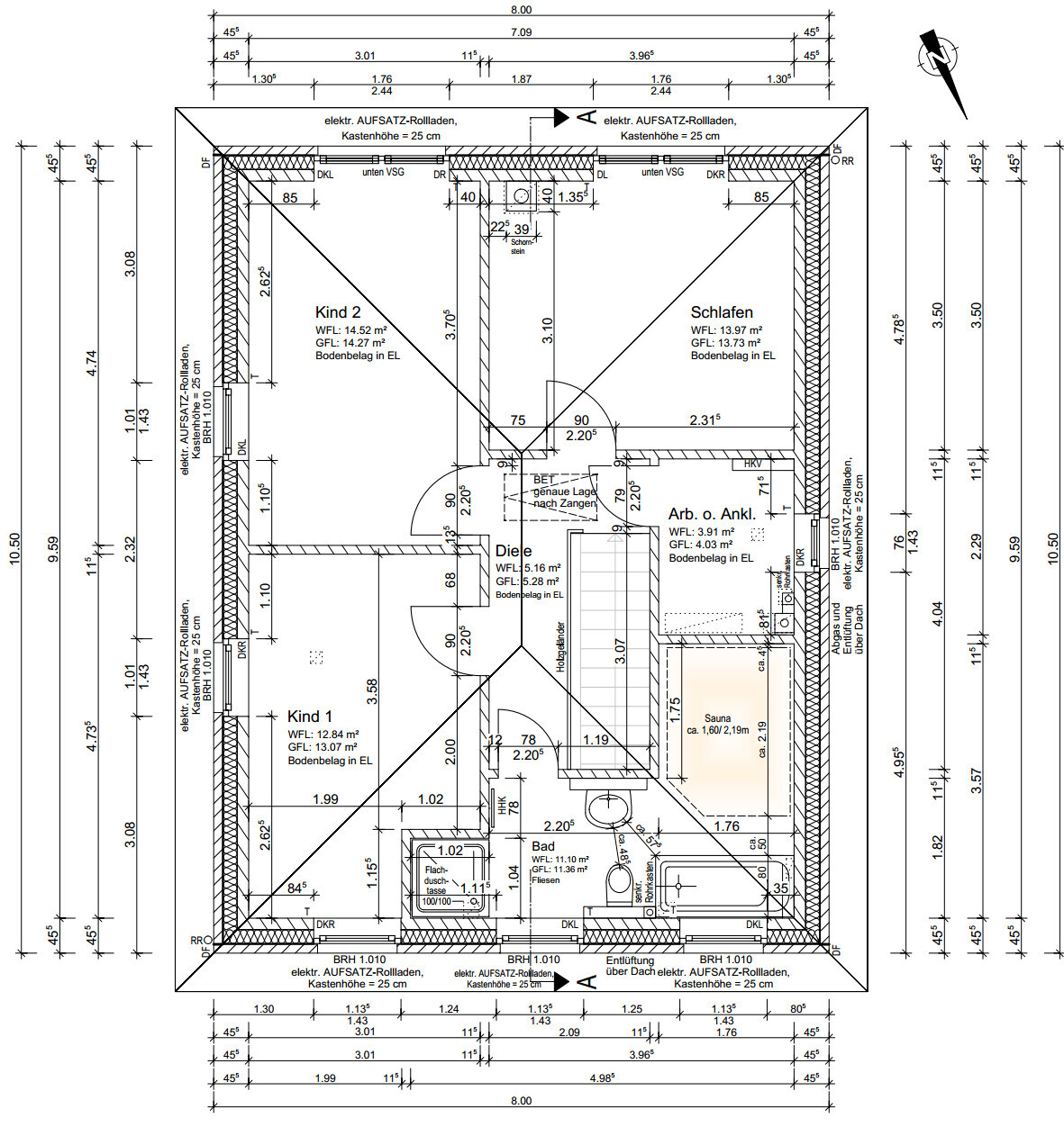 Grundriss eines Hauses mit Kind 1, Kind 2, Schlafen, Diele, Arbeitszimmer, Bad und Sauna.