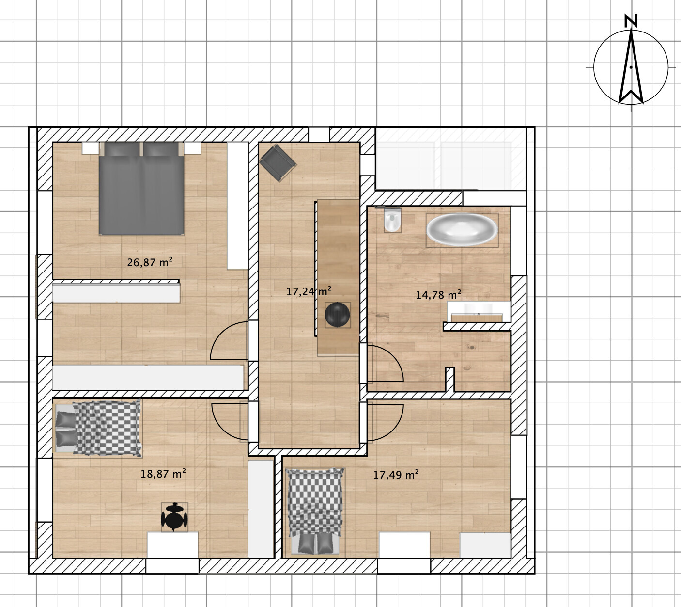 Grundriss einer Wohnung mit drei Schlafzimmern, Flur und Bad; Flächenangaben in m².
