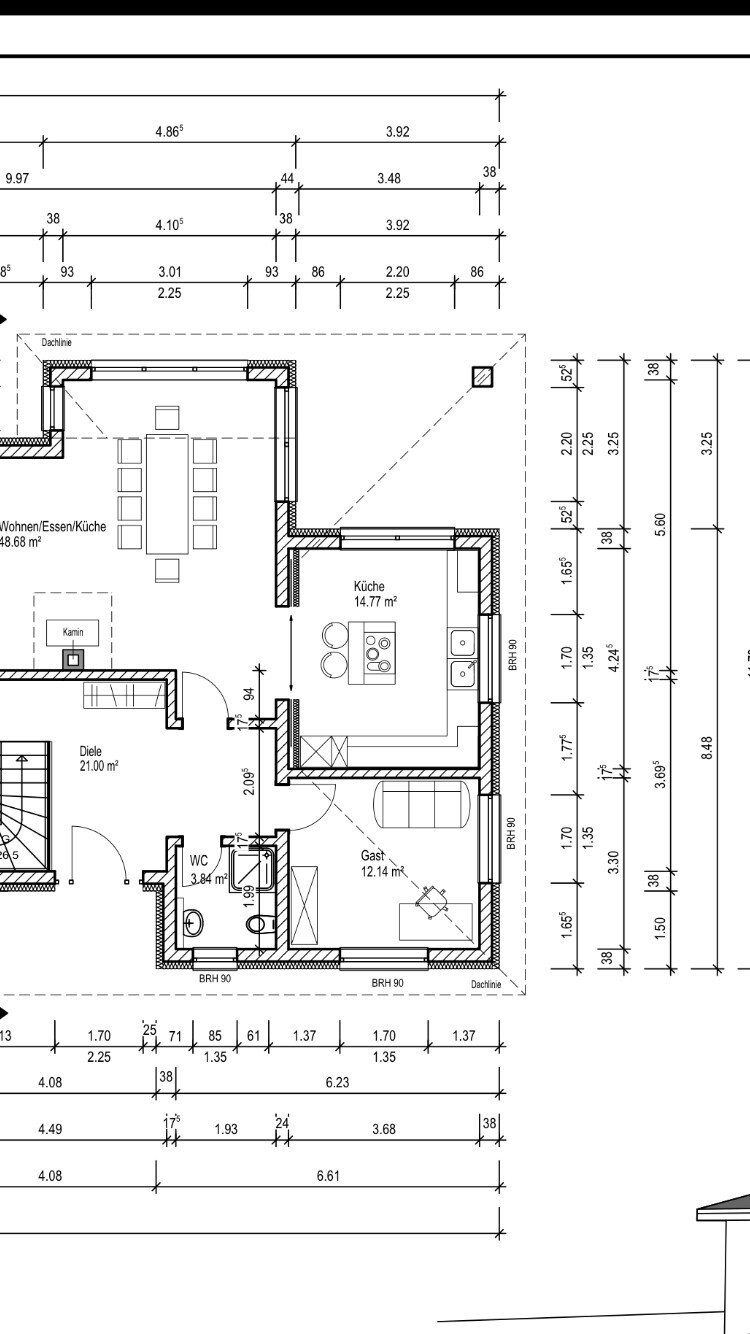 Detaillierter 2D-Hausgrundriss mit Küche, Wohnbereich und Gästezimmer