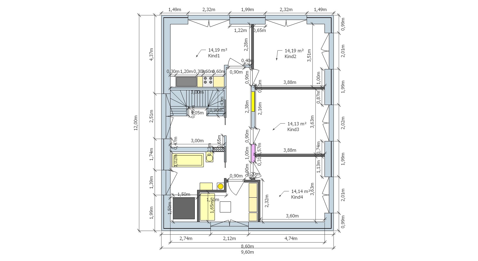 Grundriss eines Hauses: Küche, Wohnzimmer, Treppe, 4 Kinderzimmer (Kind1–Kind4); Maßangaben