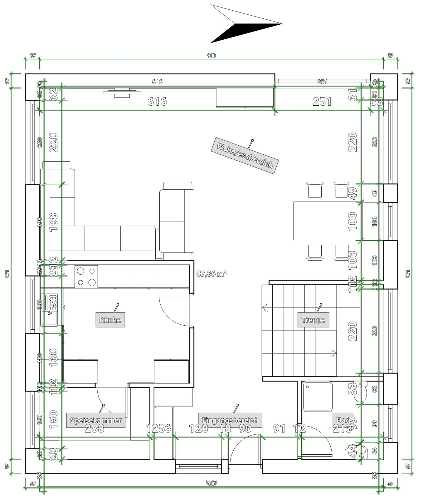 Detaillierter Grundrissplan eines Wohnbereichs mit Küche, Treppe, Speisekammer und Eingang