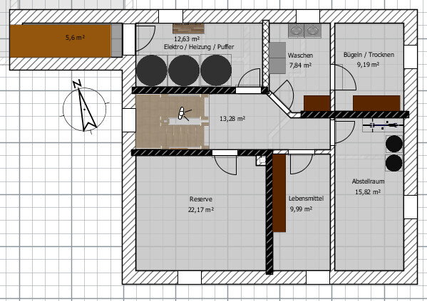 2D Grundriss eines Hauses mit Wohnzimmer, Küche, Waschraum, Vorratsraum und Abstellraum