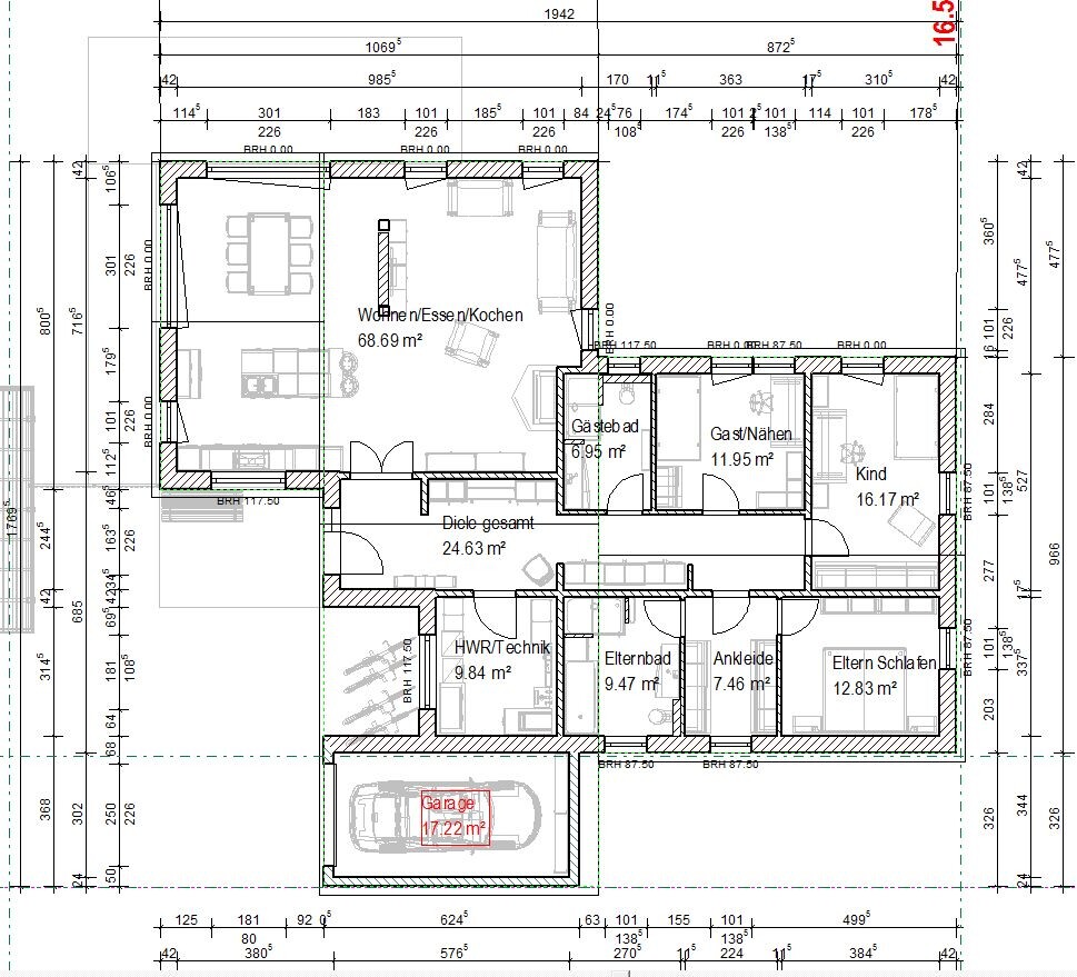 Grundriss eines Einfamilienhauses: Wohnen/Essen/Kochen, Eltern- und Kinderzimmer, Bad, Garage.
