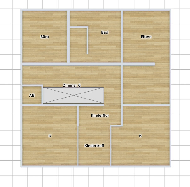 2D-Grundriss eines Hauses mit Buero, Bad, Elternzimmer, Kueche und Kinderzimmern