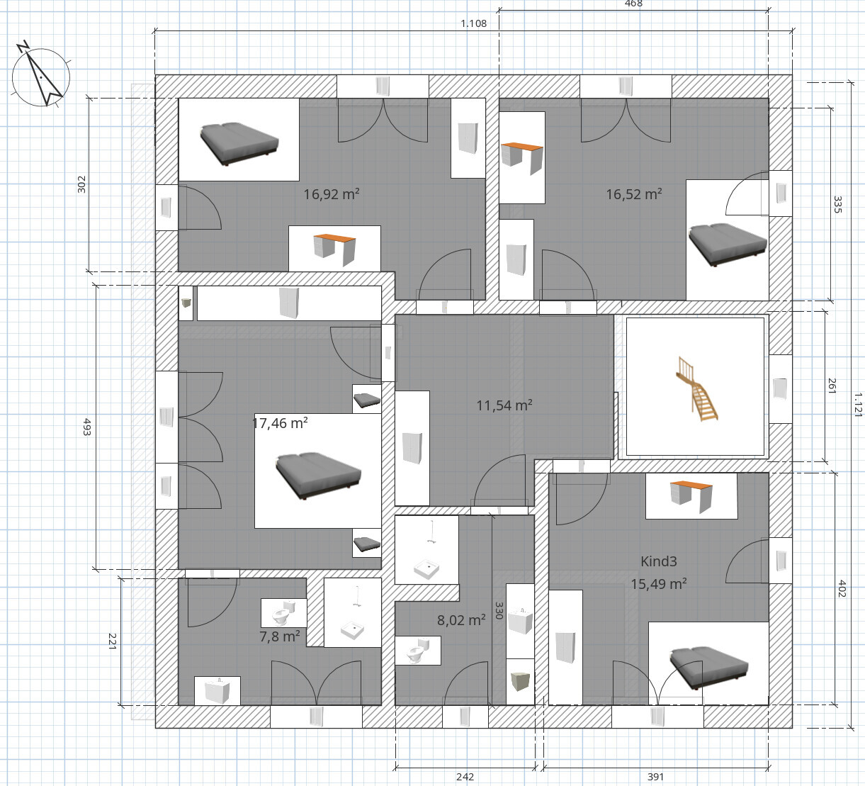Grundriss eines Hauses mit mehreren Schlafzimmern, Treppenhaus und Möbeln