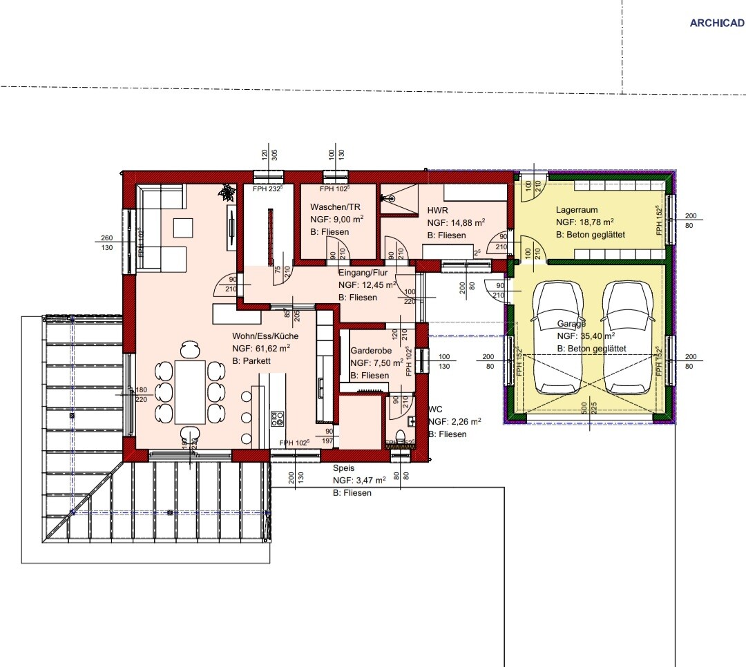 Grundriss eines Hauses mit Küche, Wohn-/Essbereich, Bad, Garderobe, Waschen/TR und Garage