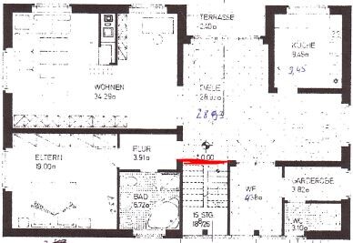 2D Grundriss eines Hauses mit Wohnzimmer, Küche, Bad und Flur