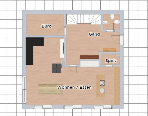 Grundriss: Büro links, Gang Mitte, Speis rechts, offener Wohn-/Essbereich unten.