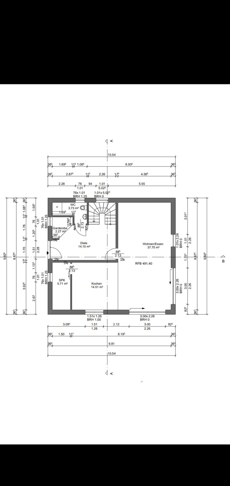 Grundriss eines Wohnhauses: Diele, Wohnzimmer, Küche, Speisekammer, Garderobe, WC, Treppe.