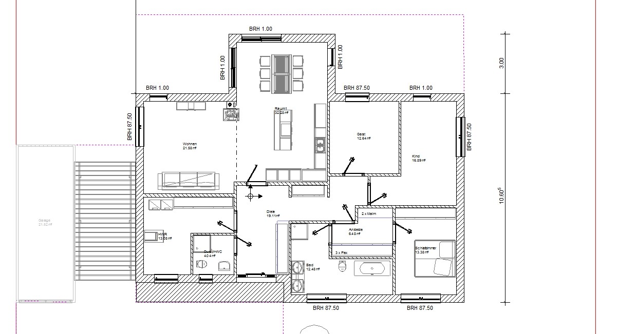 Grundriss eines Hauses: Wohnzimmer, Küche, Diele, Bad, Schlaf- und Kinderzimmer, Ankleide.