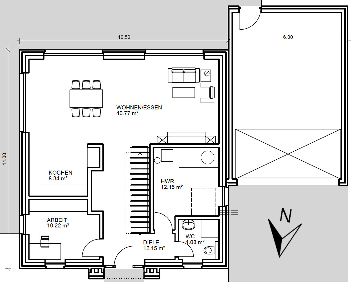 Grundriss: Offener Wohn-/Essbereich mit Küche, Arbeitszimmer, Diele, HWR, WC, Treppe, Garage.