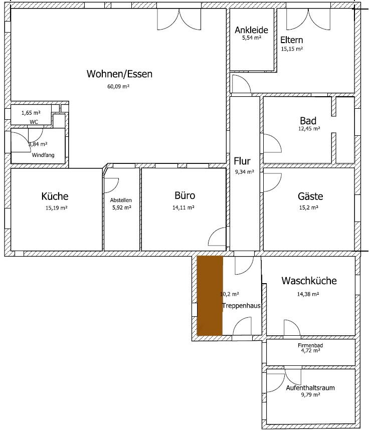 Grundriss eines Hauses mit Wohnbereich, Küche, Bad, Flur und Gästezimmer
