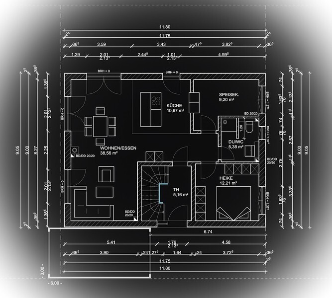 Grundriss eines Hauses mit Küche, Wohnen/Essen, Speisekammer, Dusche/WC und Treppenhaus.