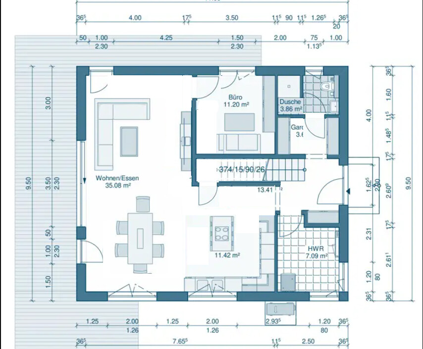 Grundriss eines Hauses: offener Wohn-/Essbereich, Küche, Büro, HWR, Dusche.