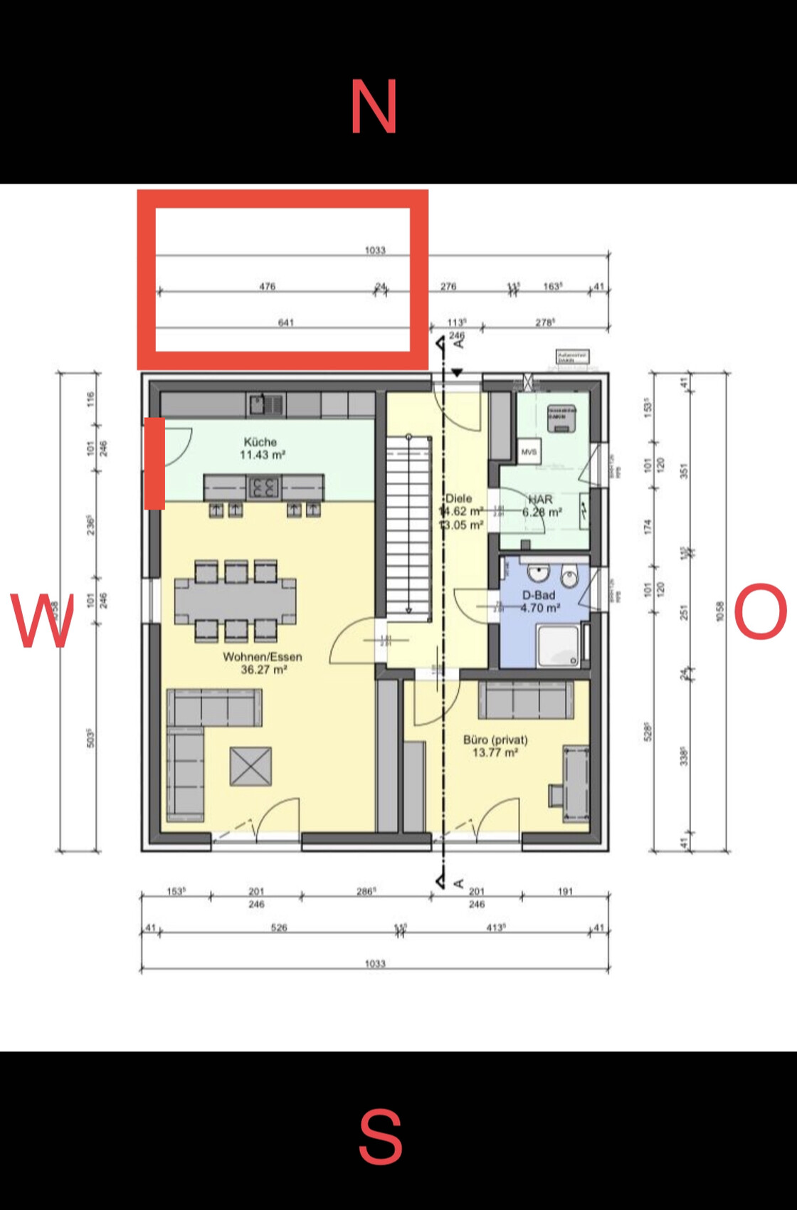 2D-Hausgrundriss mit Küche, Wohnen, Büro, Bad, Diele und Maßen, Nordausrichtung