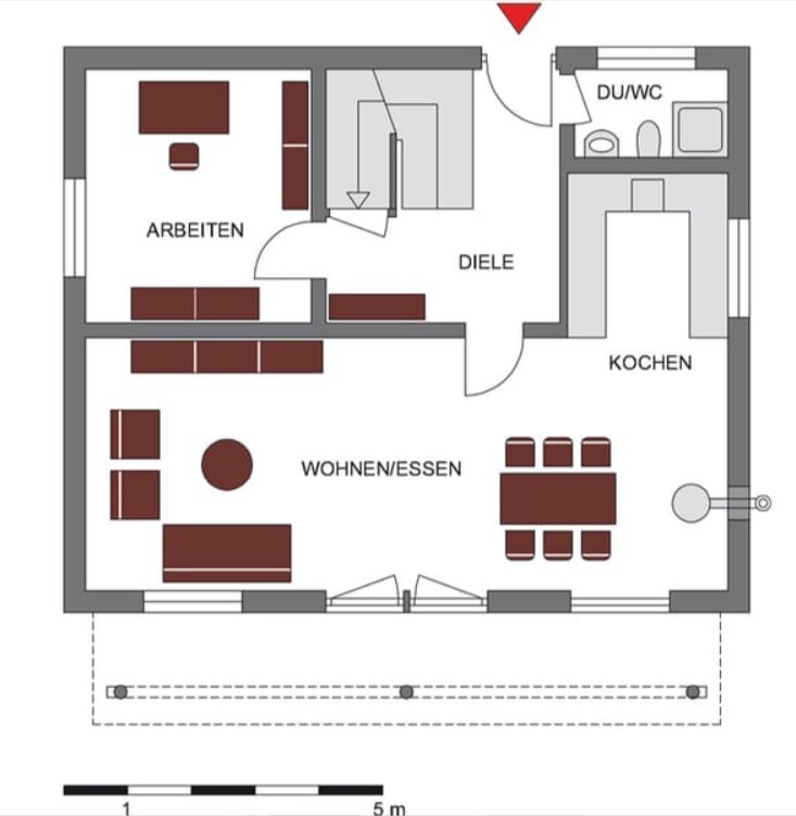 Grundriss eines Apartments mit Wohnzimmer/Essbereich, Küche, Arbeitszimmer, Diele und Bad.