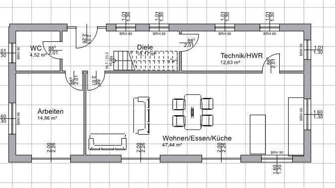 Grundriss: Wohnen/Essen/Kochen, Diele, Arbeiten, WC, Technik/HWR.